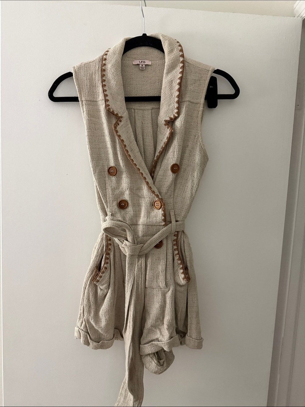 LF Cream Sleeveless Belted Romper with Brown Trim